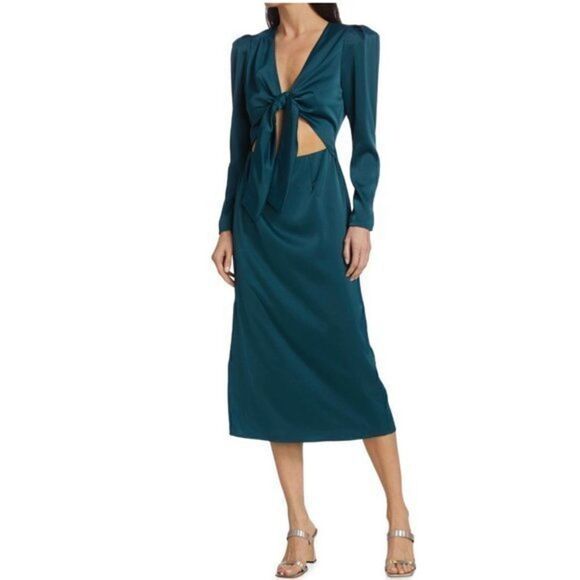 Wayf Poppy Tie-Front Midi Dress Teal Size Large NWT - Picture 2 of 5